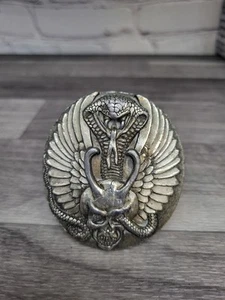 Vintage 1981 Solid Brass Cobra Snake Skull Wings Belt Buckle Indiana metal Craft - Picture 1 of 5