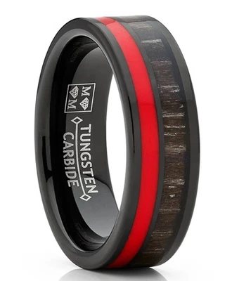 Alianza de boda de tungsteno negro anillo madera de cebra oscura con línea roja 7 mm Foto 1 de 4