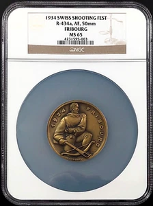 1934 Swiss Shooting Fest Medal, R-434a, AE, 50 mm, Fribourg, NGC MS 65! - Picture 1 of 6
