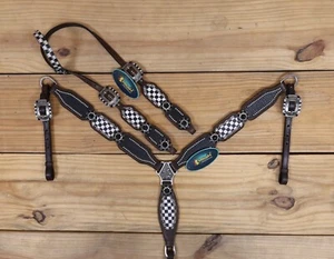 Western Headstall and Breast Collar Set -Black Alligator Print with Silver Studs - Picture 1 of 24