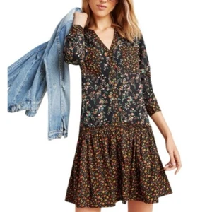 Anthropologie Maeve Marlie Button Up Tunic Dress Black Mixed Floral Print Sz 12 - Picture 1 of 14