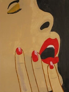 FABULOUS PAINTING PORTRAIT OF A WOMAN RED LIPS OUTSIDER NAIVE PRIMITIVE FOLK ART - Picture 1 of 2
