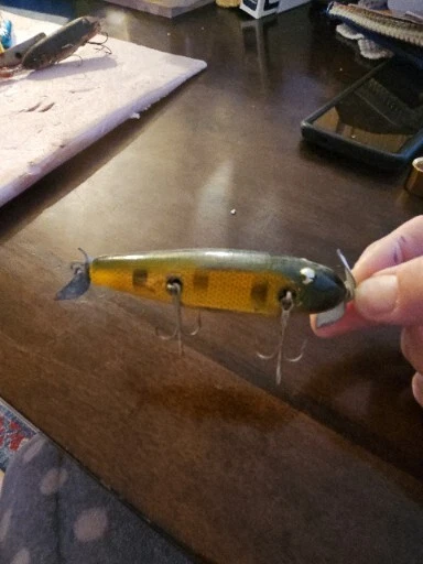 Vintage Orig Heddon Injured  Minnow Colorful Fishing  Lure  / Eyes Wood B5 - Image 1 of 4