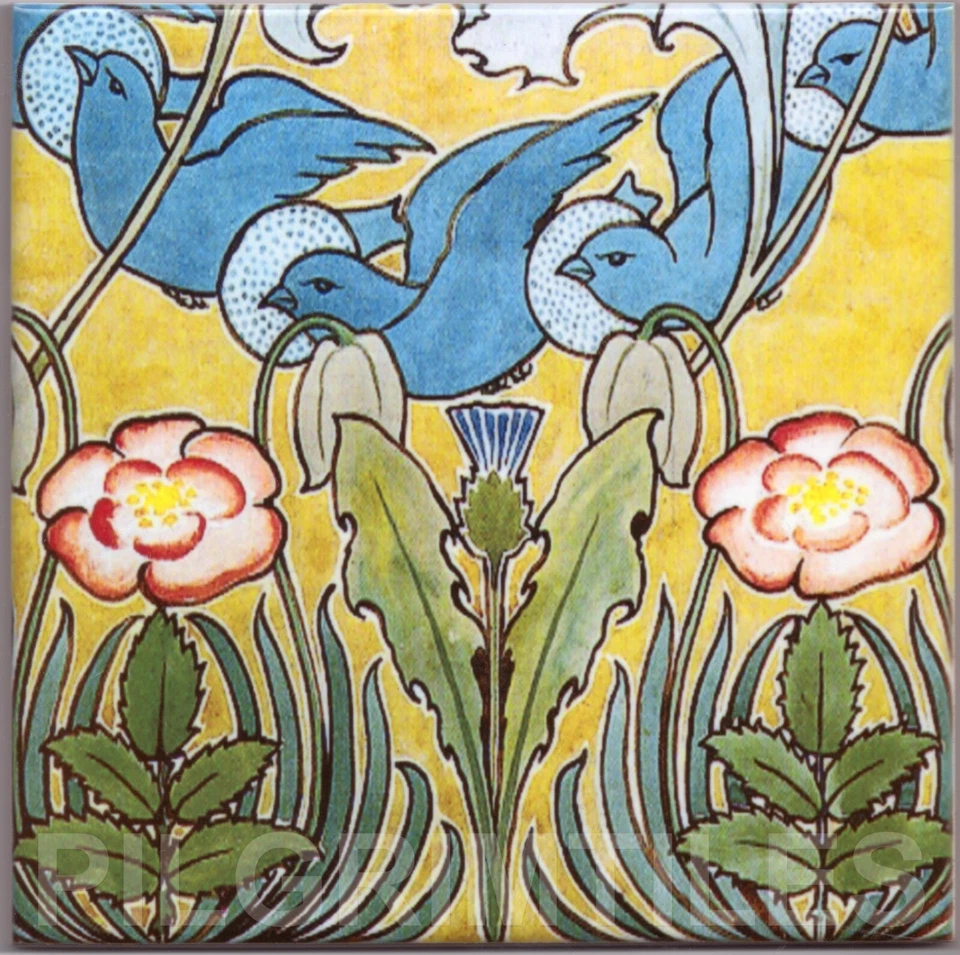 Voysey Blue Birds Kiln Fired Ceramic or Porcelain Tile Kitchen Bath Fireplace - Image 1 of 1