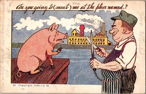Cartolina Sto andando a (Carne) Me Maiale Parlando al Macellaio Francobollo 1906 - Foto 1 di 2