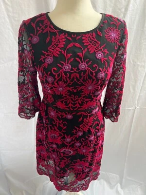 Adrianna Papell Dress 8P sheer Long Sleeve Midi Floral Multicolor Embroidered - Image 1 of 4