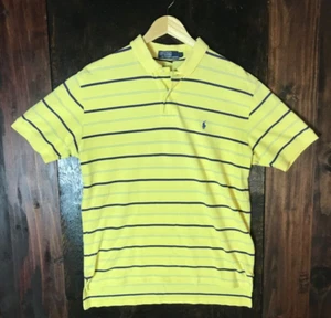 Vintage Polo By Ralph Lauren Men’s Knit Polo Shirt, Large Yellow w Blue Stripes - Picture 1 of 7