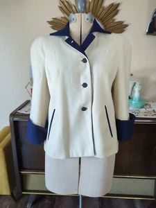Vintage 1940s Women's Coat Ivory And Navy Large Cuffs Shoulder Pads - Picture 1 of 13