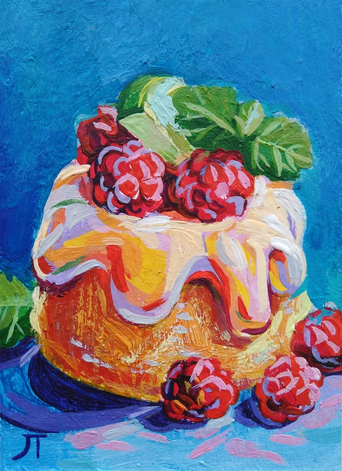 ACEO Print of Painting Food Art Raspberry Muffin Cake Miniature Still Life - Image 1 of 1