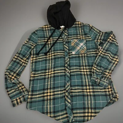 法兰绒连帽衫 XS. 绿色/黄色。 黑色连帽衫 按钮。 Maurice’s — 第 1/4 张图片