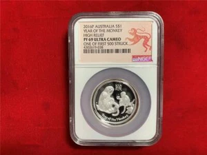 AUSTRALIA 2016-P $1 YEAR OF THE MONKEY HIGH RELIEF 1 OZ. .999 SILVER NGC PF-69 - Picture 1 of 4