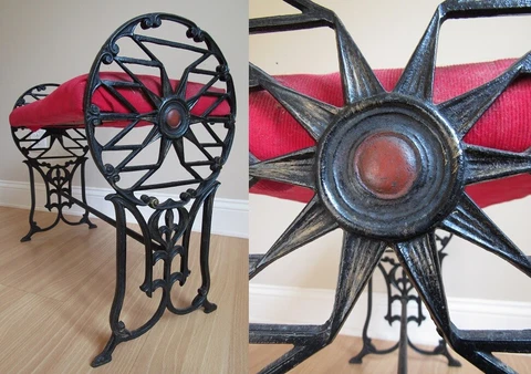 Antique Gothic CAST IRON Fireside bench seat stool SUN DESIGN! upholstered 1920s Cover