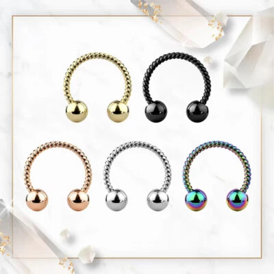 16GA 14GA Horseshoe Septum Nose Rings Surgical Steel Cartilage Lip Twisted Rope - Image 1 of 4