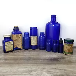 10 Cobalt Blue Apothecary Embossed Medicine Bottle Lot Maryland, Wyeth, Emerson - Picture 1 of 22