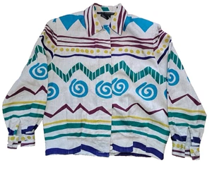IB Diffusion Vtg '92 Southwest Tribal 100% Linen Jacket Size 8 M Blue Beige - Picture 1 of 8