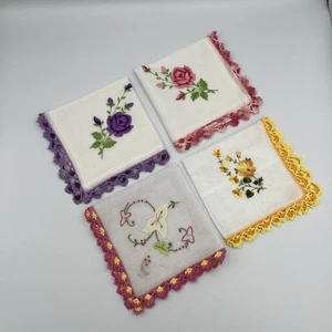Lot 4 Vintage Ladies Lace Crochet Edge Hankies Handkerchiefs Floral Needlepoint - Picture 1 of 10