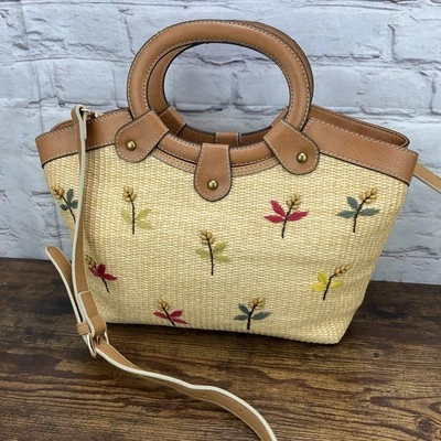 Bolso de mano Fossil floral natural de cuero marrón paja con correa de repuesto Foto 1 de 4