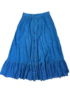 70s Circle J Vintage Blue Denim ruffle Western Prairie Skirt Buttons W 26" Sz SM - Picture 1 of 6