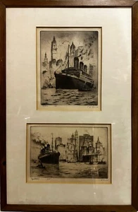 Set of 2 Etchings by illegible artist: (1) "Majestic" (2) Aquitania" - Picture 1 of 3