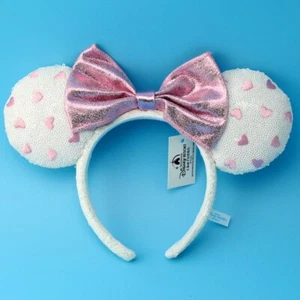 US Schiff rosa Schleife Disney Parks Minnie Ohren weiß Herz Pailletten Shanghai Stirnband - Bild 1 von 5