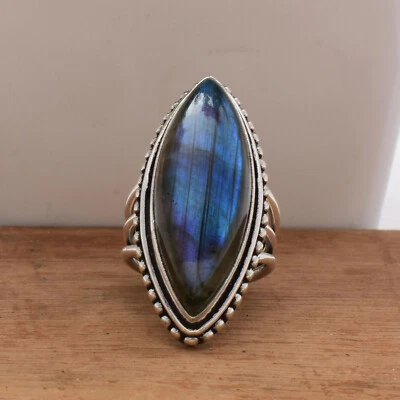Brillante Pietra Labradorite 925 Argento Sterling Mano Anello Tutti Misura A-6 - Immagine 1 di 4