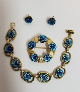 Vintage JUDY LEE Set Bracelet Pin Earrings Color Shifting Blue Purple Flowers - Picture 1 of 16