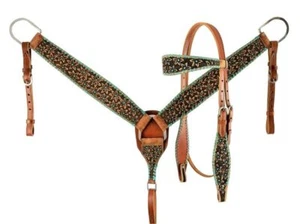 Showman Leather Headstall & Breast Collar Set w/ Tooled Flowers & Teal Accents - Picture 1 of 1