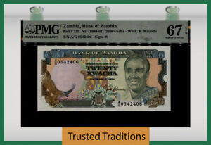 TT PK 32b ND (1989-91) ZAMBIA BANK OF ZAMBIA 20 KWACHA PMG 67 EPQ SUPERB GEM UNC
