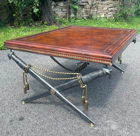 Maitland Smith Leather Top X-base Sword & Tassel Coffee Table Hollywood Regency Cover