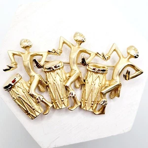 Vintage African Tribal Drummers Brooch Dancing Satin Gold Tone Collectable EUC - Picture 1 of 6