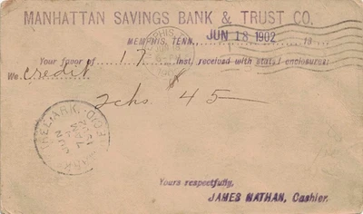 1902 Marked Tree, Arkansas "Rec.d." Cancel on 1¢ Bank Postcard fr Memphis, Tenn. - Image 1 of 2