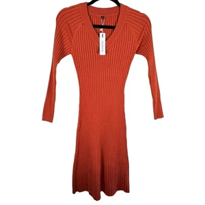 Arach & Cloz Neu mit Etikett Burnt Orange Langarm V-Ausschnitt Rippstrick Midikleid Größe S - Bild 1 von 7