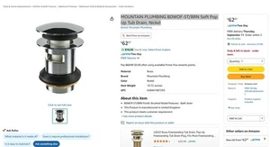 MOUNTAIN PLUMBING BDWOF-ST/BRN Soft Pop Up Tub Drain, Brushed Nickel - Picture 1 of 1