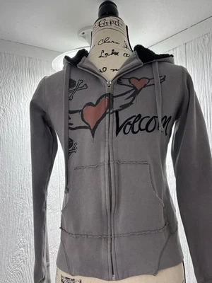 Volcom Hoodie Junior Small Gray Zip Fleece Lined Heart Graphic Y2K skater - Image 1 of 4