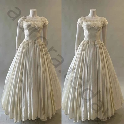 Vintage Satin Wedding Dresses Cap Sleeve Full Length Ruching A Line Bridal Gown - Image 1 of 4