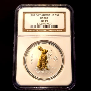 1999 Australia 1 OZ Lunar Rabbit Fine Silver Gold Gilt Coin NGC MS 69 MINT - Picture 1 of 5