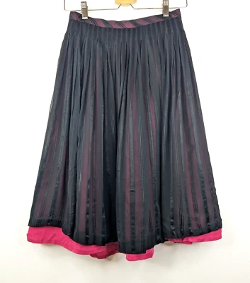 Handmade 90s Vintage Women Black Pink Striped Pleated knee length skirt size 6-8 - Image 1 of 3
