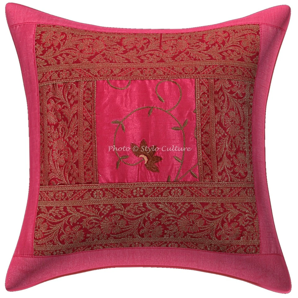 Ethnic Polydupion Decoration Home Cushions Pink Embroidery Floral Pillow Covers - Image 1 of 3