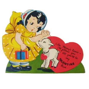 Vintage Valentine Card Die-Cut Signed 3"x4" Mary, Lamb, Hearts Books Bookstrap - Picture 1 of 4
