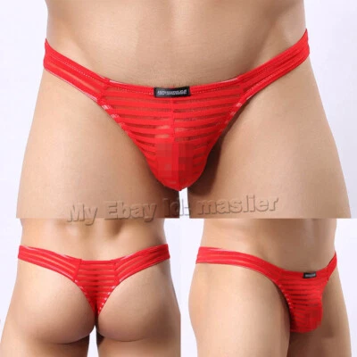 Ropa interior de malla transparente a rayas lisas con espalda en T para hombre Pantalones con tanga Foto 1 de 4