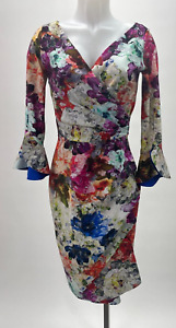 Chiara Boni Italy Long Sleeve V-Neck Floral Wrap Illusion Dress Size 46 - 10