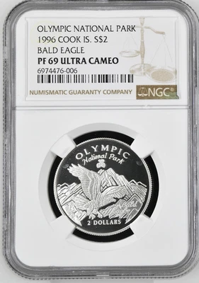 1996 Острова Кука S$2 Доллара Серебряный Пруф Лысый Орел Олимпийский парк NGC PF 69 UC - Изображение 1 из 4