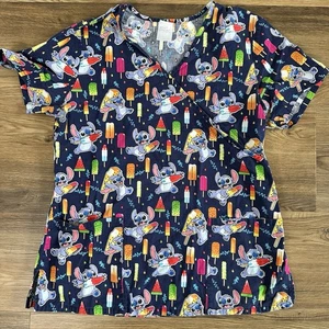 Disney Stitch Popsicle Scrub Top Shirt Womens Medium 2 Pocket V-Neck Colorful - Picture 1 of 9
