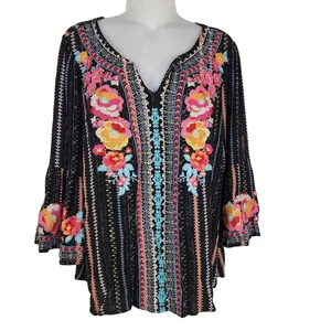Top Damen Medium Blumen bestickt 3/4 Glockenärmel Boho Bauer bunt gestreift - Bild 1 von 9