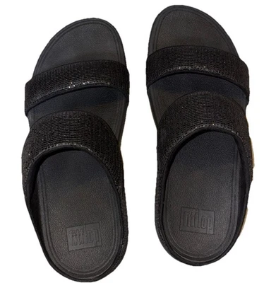 FITFLOP WOBBLEBOARD BLACK SHIMMER METALLIC TWO BAR SLIDES SANDALS SIZE 9/41 - Image 1 of 4