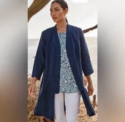 J. Jill pure jill Linen Cardigan Duster Sz Large Pet Navy Blue 3/4 sleeve Long - Image 1 of 4