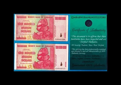 2 billetes de 100 millones de dólares de Zimbabue ZA 2008 auténticos ZA0041249 ZA0035727 Foto 1 de 3