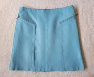 VTG CACHE Baby Blue 100% Leather Mini Skirt Y2k size 6 90s space mod zipper - Picture 1 of 11