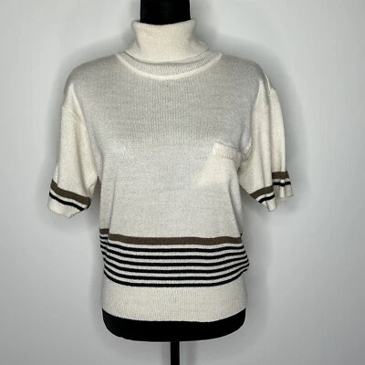 Suéter de manga corta Liz Claiborne para mujer talla pequeña marfil a rayas cuello alto Foto 1 de 4