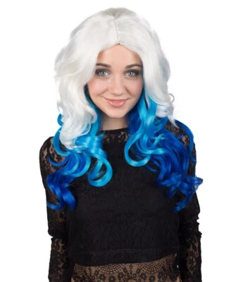 Women's White Color With Blue Tips Wavy Medium Length Trendy Queen Wig HW-6823 - Image 1 of 4